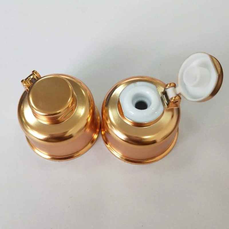 Hot Sale Gold Color UV Flip Top 28mm Plastic Screw Flip Cap for Bottle, PP UV Gold Lid