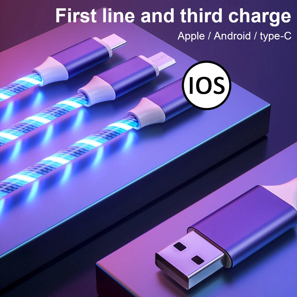 إضاءة مضيئة لكابل الشاحن المتدفق على وهج LED 3 في 1 كبل بيانات USB للشحن السريع