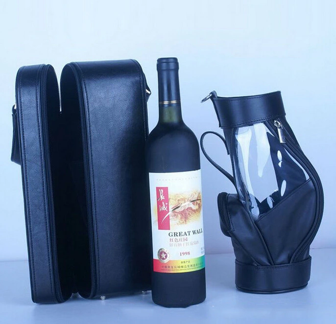 Soft Black PU Leather Single Wine Case and Bag with Window Set