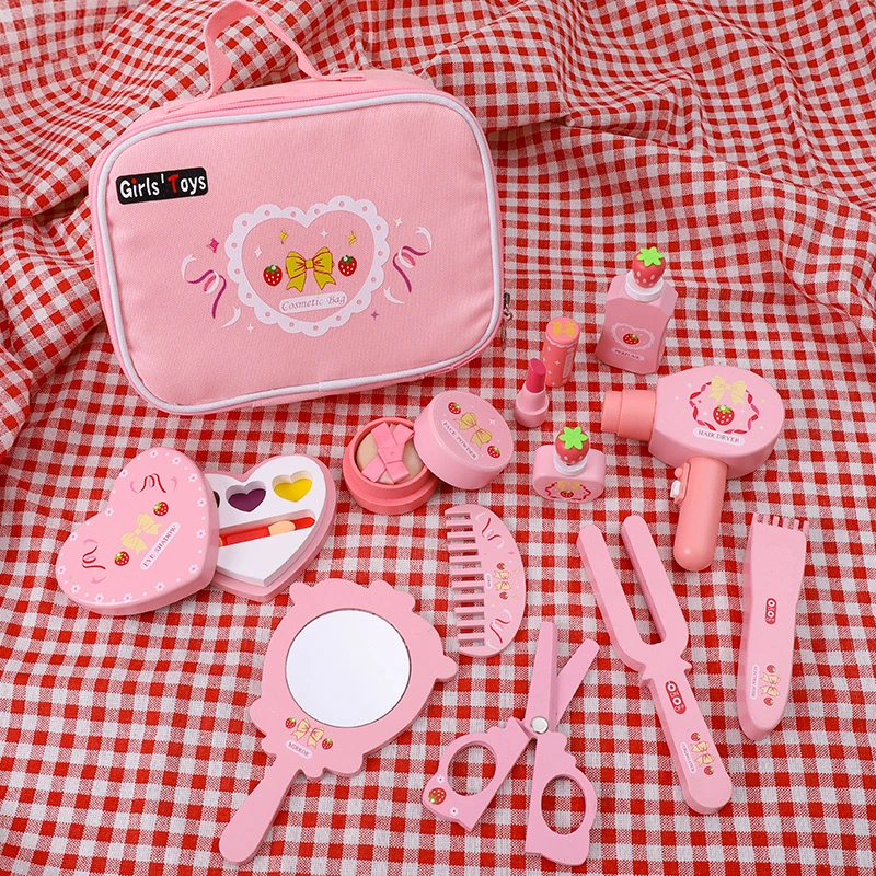 Factory Selling Pink Cosmetic Bag Wholesale/Supplier Comb and Other Accessories Toy Pretend Play Makeup Series Wood Toys for Girls Gifts