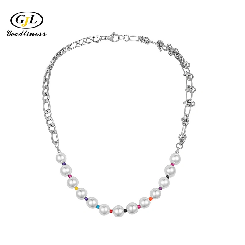 Bright Pearl Titanium Steel Chain Color Beaded Neck Chain Necklace