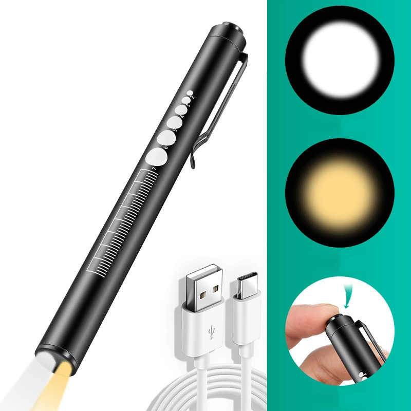 Stylo médical rechargeable USB multifonctionnel à double lumière jaune et blanche pour diagnostic des pupilles.