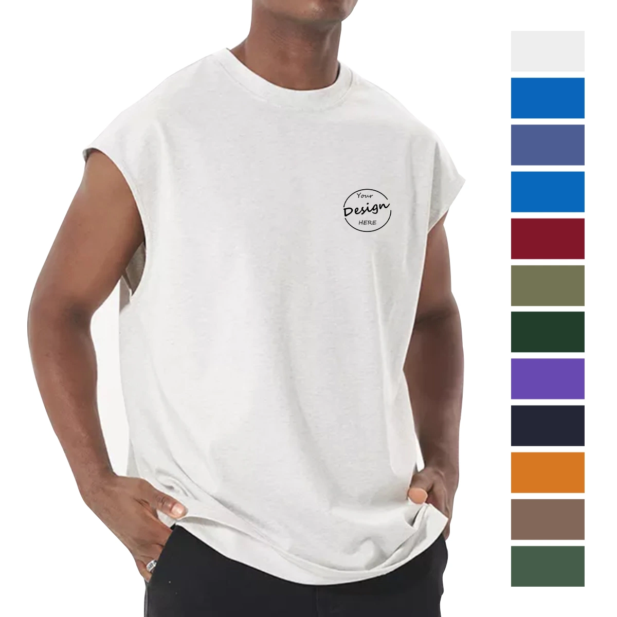 T-shirt sans manches pour hommes, respirant, en coton 100 %, de haute qualité, avec impression personnalisée en gros pour le sport et la salle de sport.