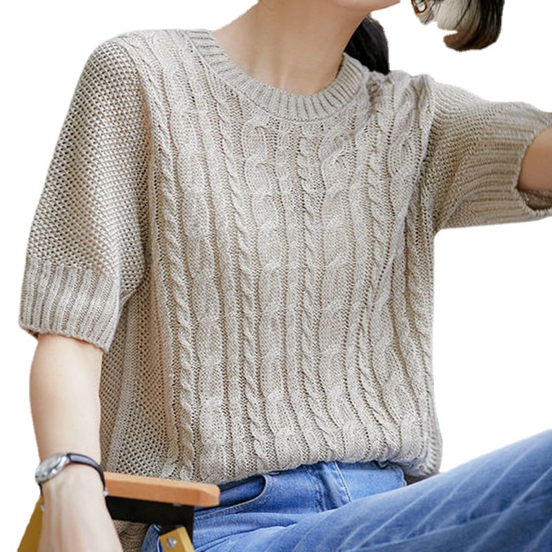 Temperament Knitted Shirt Women's Short Sleeve T-Shirt 2023 Summer Clothes Retro Twist Hollowed out Casual Age-Reducing Slimming Ice Silk Top