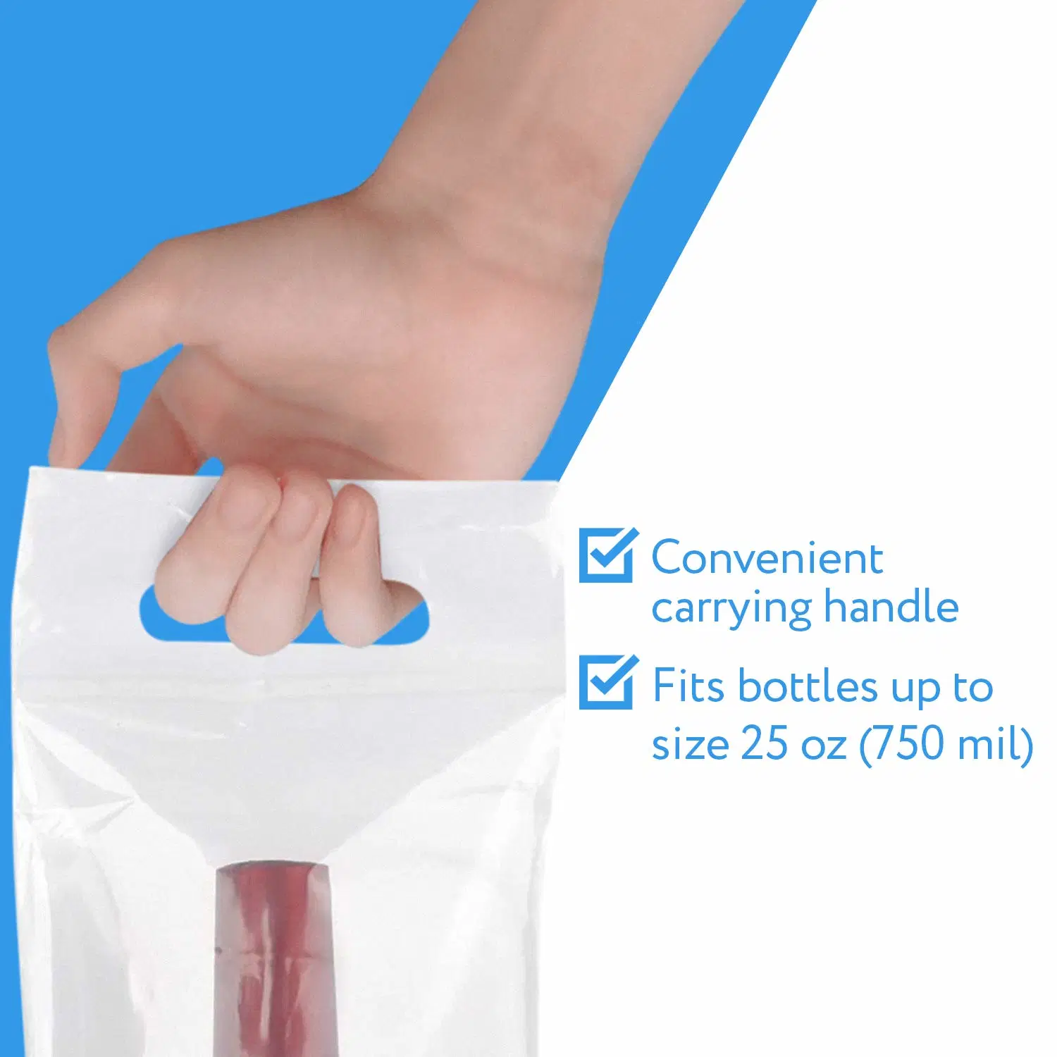 Vino para ir de plástico transparente bolsas con asas ideal para restaurantes, bares, viajes y Regalos - Housewarming encaja 25 Oz botellas - Junta de la prueba de manipulaciones