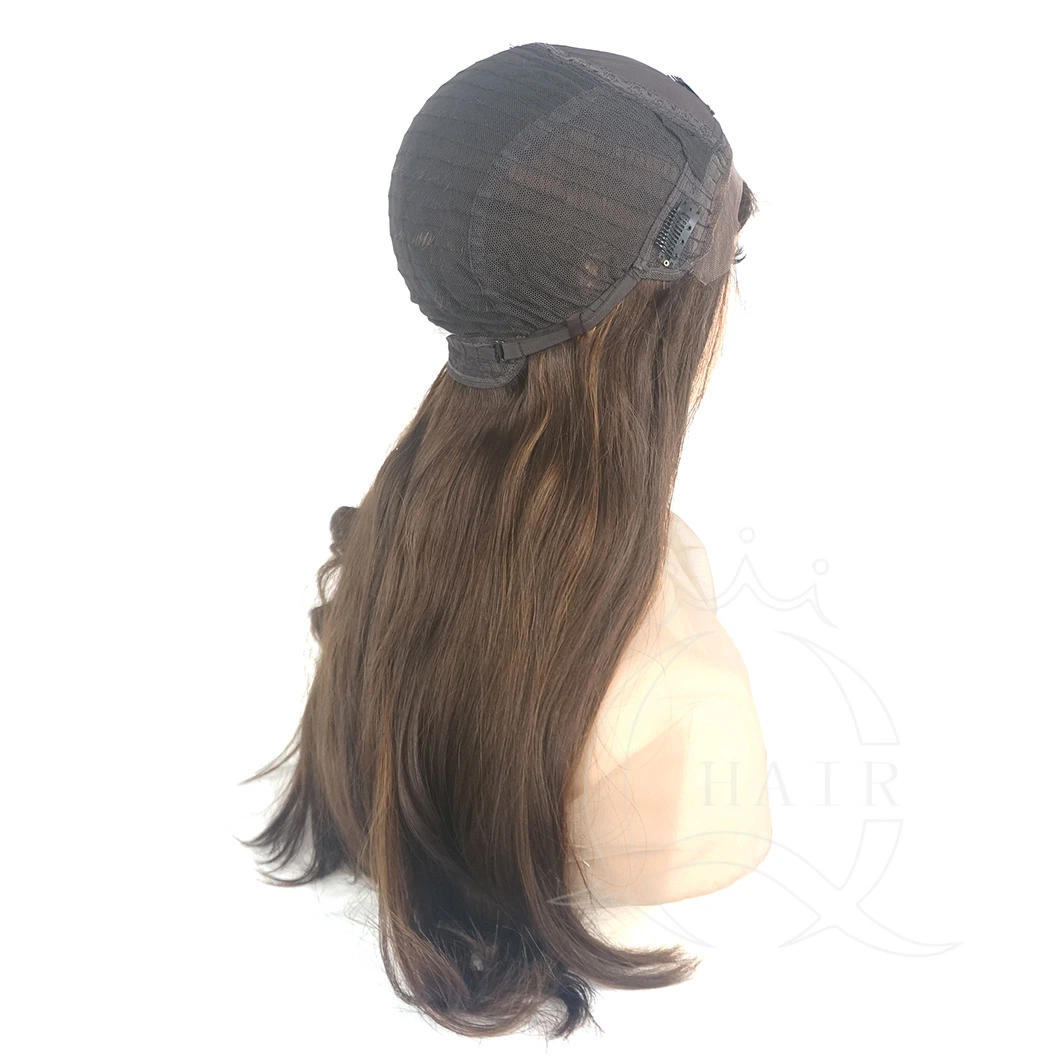 C18 Inch High quality/High cost performance Virgin Hair Made Brown with Highlight Simulated Scalp Silk Top Kosher Jewish Wigs Kosher Wigs Sheitels Wigs Heavy Density