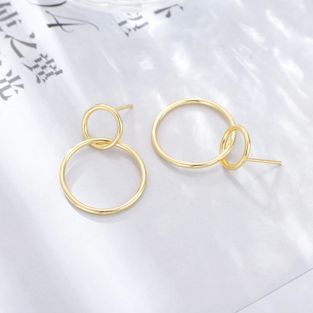 New Fashion Simple Jewelry 925 Sterling Silver Gold Plated Dangle Double Ring Hoop High Polished Stud Earrings
