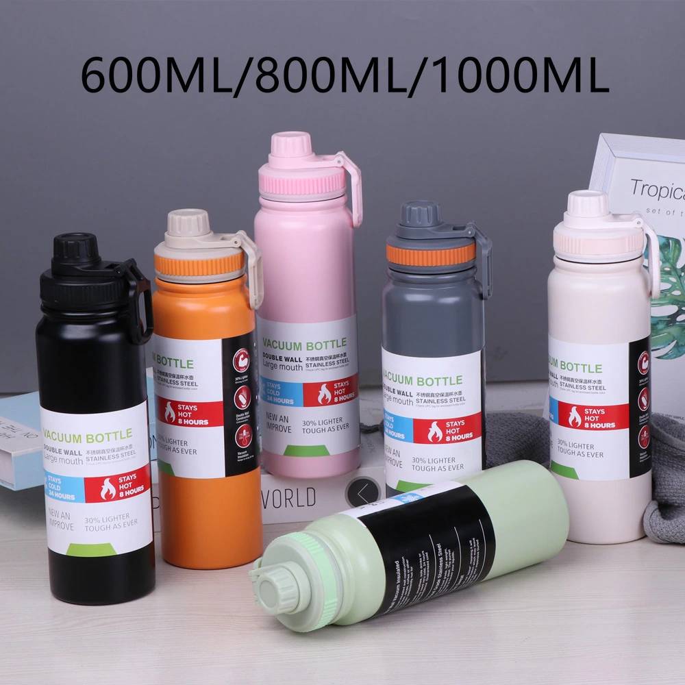 600ml 800ml 1000ml Bouteille isotherme en acier inoxydable Thermos à double paroi avec couvercle de transport pour voyage, voiture, sport, salle de sport, fitness.