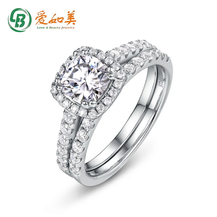 Custom Jewelry White Gold Plated Vvs1 Gra Square Moissanite Diamond Silver Wedding Ring Set Jewellery for Couple