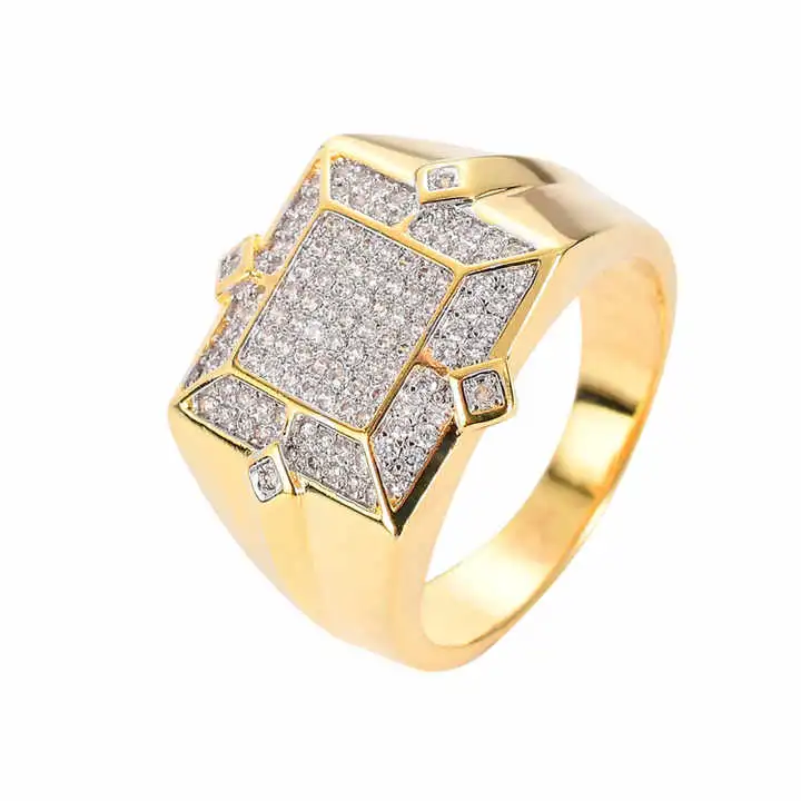 Hip Hop Luxury Jewelry Micro Paved AAA Cubic Zircon 18K Gold Plated Brass Men&prime; S Rings Wedding Rapper Jewelry Gift