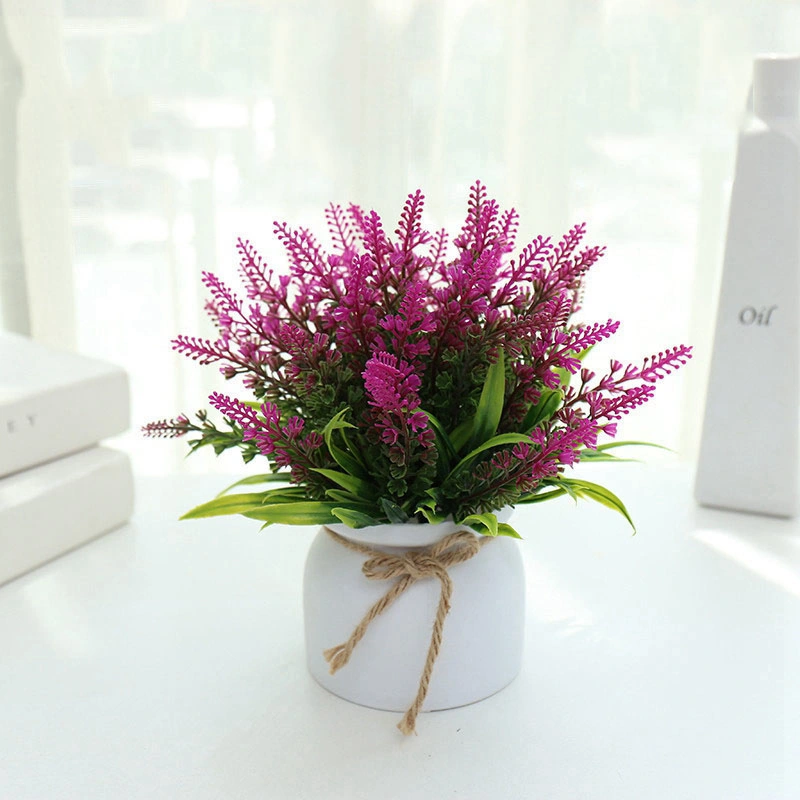 Artificial Lavender Bouquet in Decorative White Plastic Pot with String