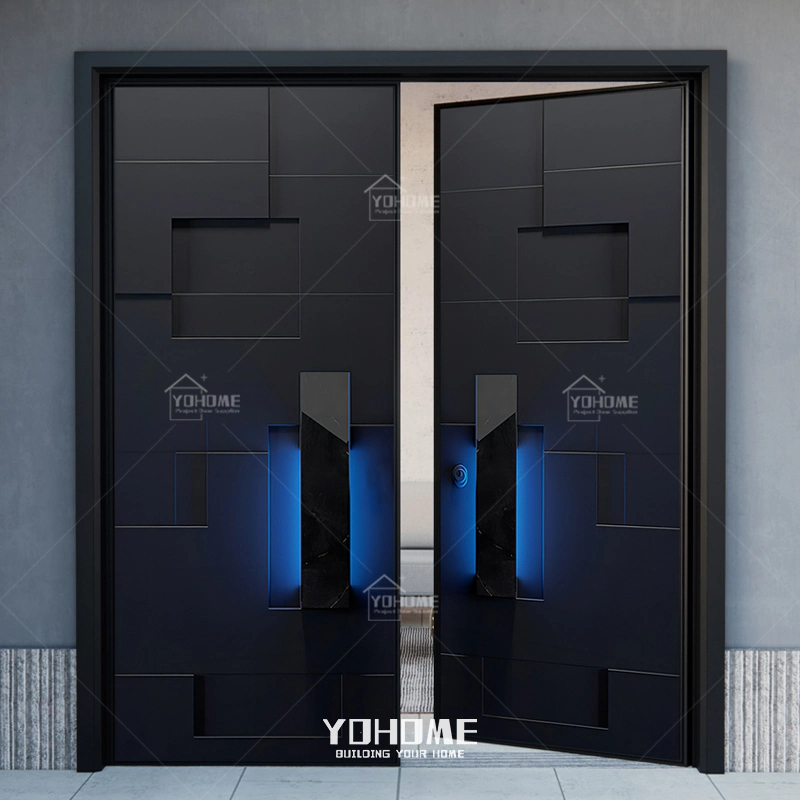 OEM Yohome между стальные двери металлические с двойной главной входной двери современных двойных дверей наружным входом двойной деревянной передней двери безопасности литая алюминиевая передняя двойной двери