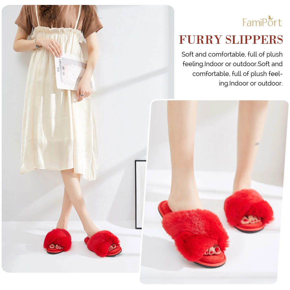 Women&prime; S Fuzzy Slippers Cross Band Memory Foam House Slippers Open Toe