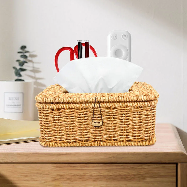 Multifunctional Tissue Storage Box Hand-Woven Plastic Rattan Paper Tissue Box