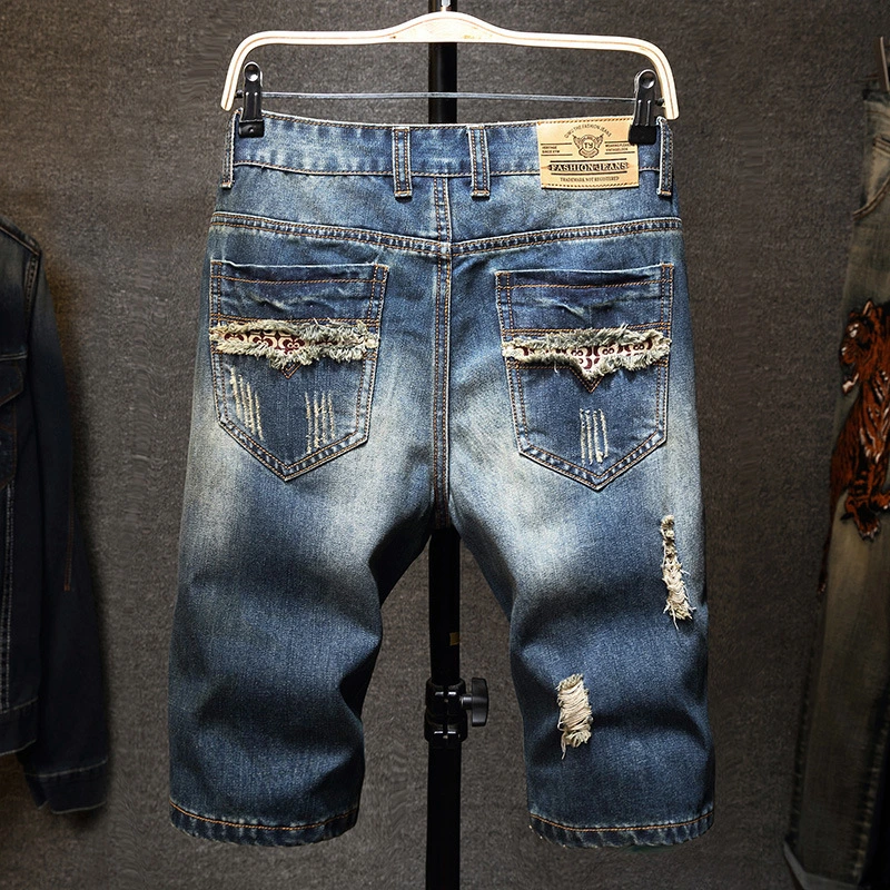 Nuevo estilo retro Ripped Jeans recto corto hombres Slim cortos