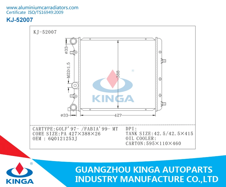 Radiador de aluminio soldado apropiado para el Golf de 97 y 99 Fabia