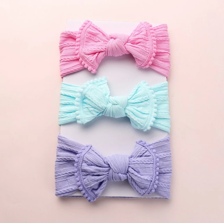 Fashion Wide Jacquard Baby Hairband Bowknot Hairy Ball Side Hairdband Cute Hair Accessories for Girls