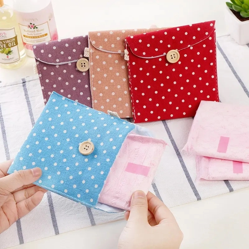 Women Girl Cotton Small Cosmetic Bags DOT Napkins Organizer Sanitary Napkins Pads Carrying Easy Bag Pouch Case Bag