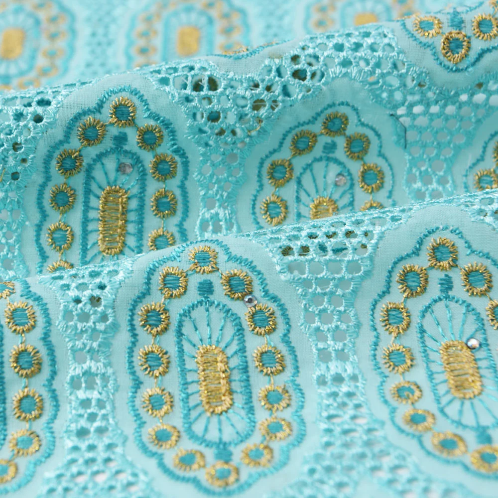 Light Blue Cotton African Swiss Voile Lace Fabric Dress Making Material