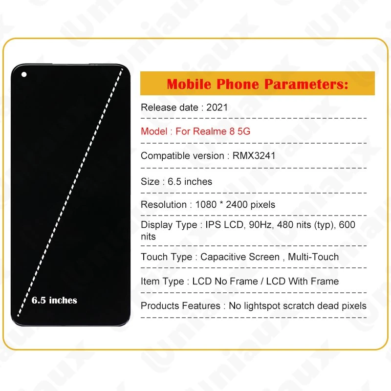 Original de 6,5" para pantalla LCD Oppo Realme 8 5g Rmx3241 Piezas de reparación del conjunto del digitalizador de la pantalla táctil para Realme 8 5g LCD