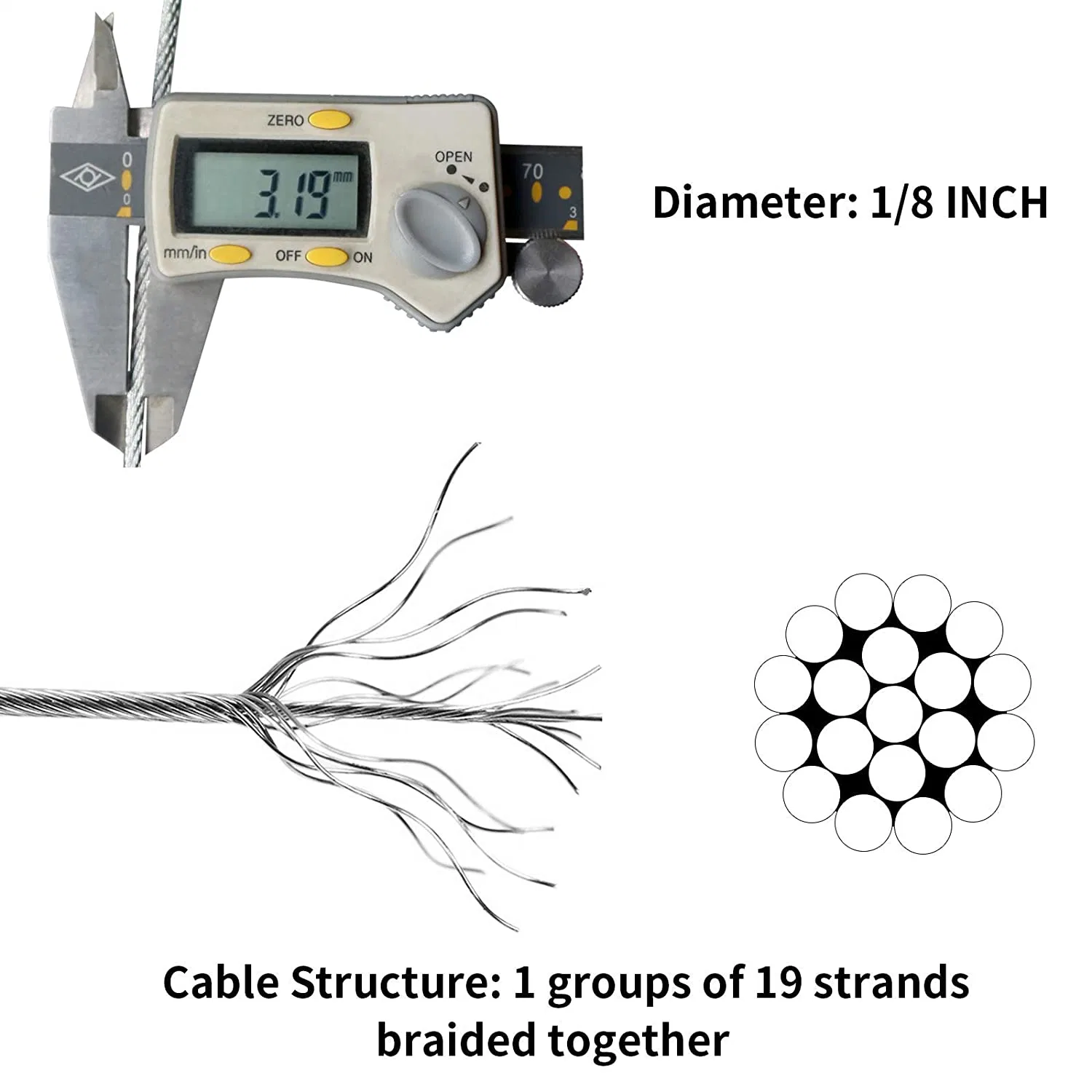 1/8" Wire Rope 500FT, Stainless Steel Cable Railing 1X19 Strands Core, Aircraft Cable T316 Stainless Steel Cable