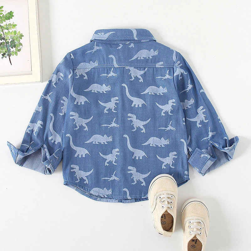 Factory Foreign Trade Children's Clothing 2020 Spring and Autumn New Boys' Long-Sleeved Cartoon Dinosaur Denim Shirt