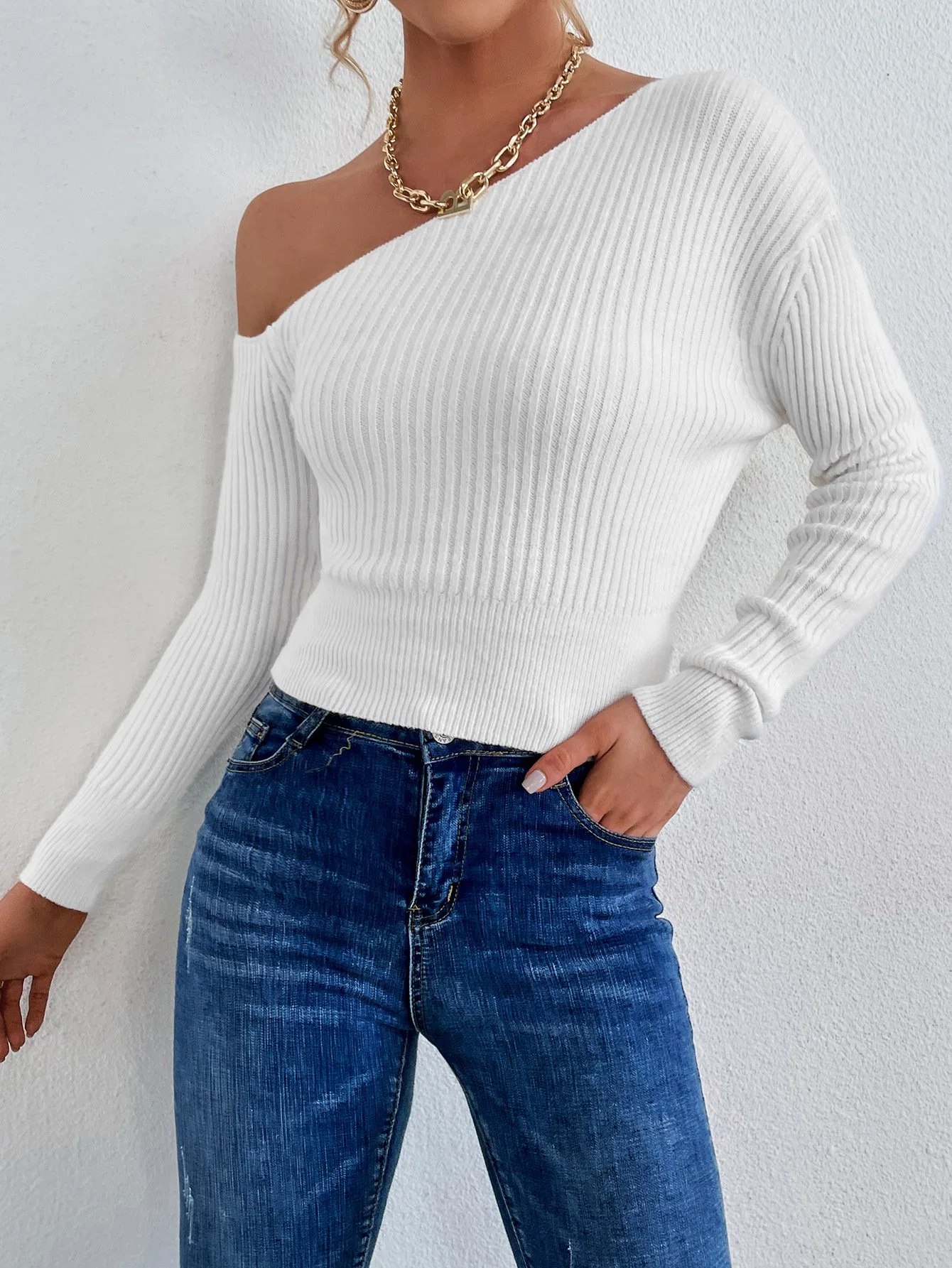 Women Clothing Slash Neck Sweaters Pure Color Slim Sweaters Apparel Stock