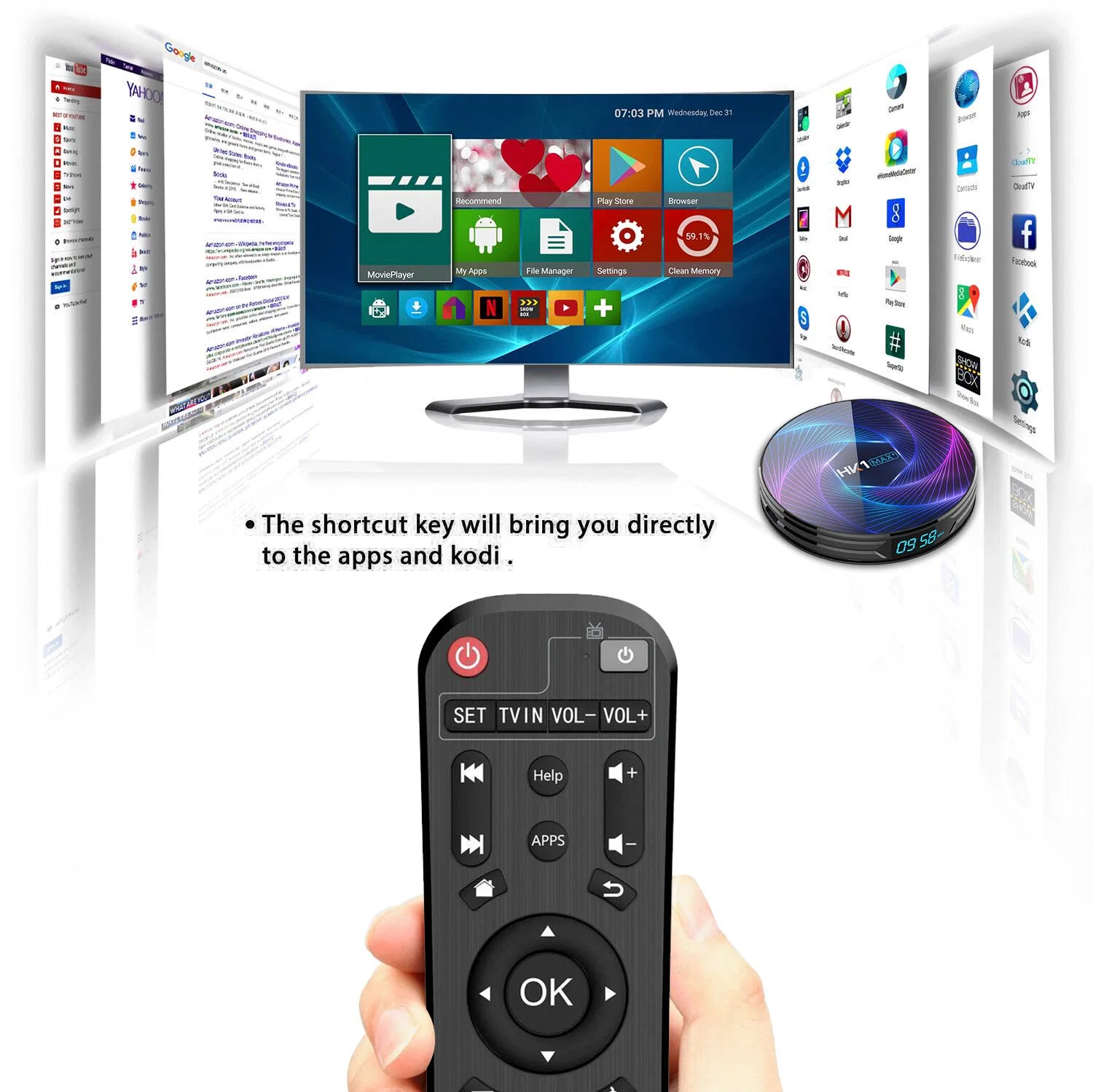 HK1 Max+ Rk3368PRO 64 بت Cortex-A53 Android 9.0 Smart TV مجموعة الإنترنت عالية السرعة BT4.0 WiFi 2.4G/5g Ethernet 1000 م الصندوق العلوي