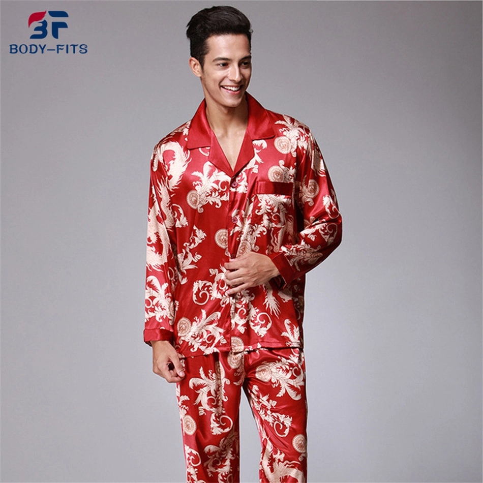 Custom Sleepwear Men&prime; S Print Button Down Long Sleeve Satin Silk Pajama Sets