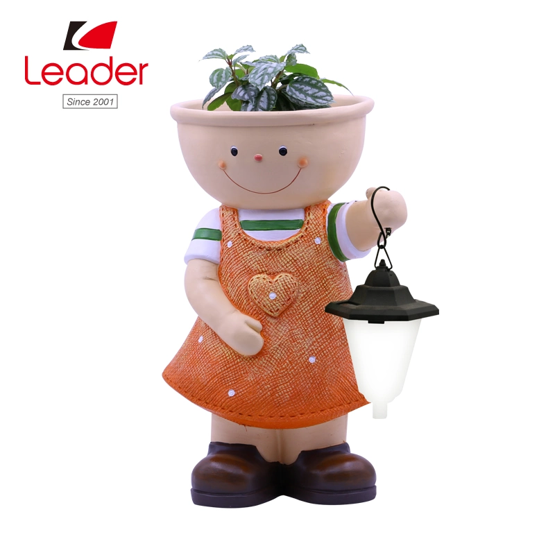 Big Cool Kid Girl with Lantern Flowerpot for Home and Garden Decor