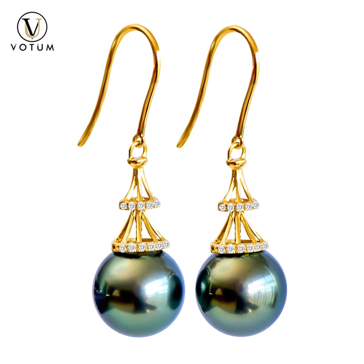 Votum Custom Cultured Seawater Tahitian Black Pearl 18K Gold Dimoands Dangle Earring Jewelry