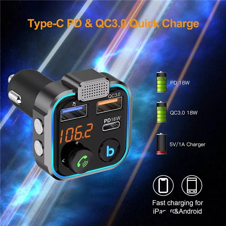 Bt23L FM Transmitter in-Car Adapter Wireless Wireless 5.0 Radio Car Kit Type-C Pd 20W W QC3.0 Fast USB Charger Hands Free