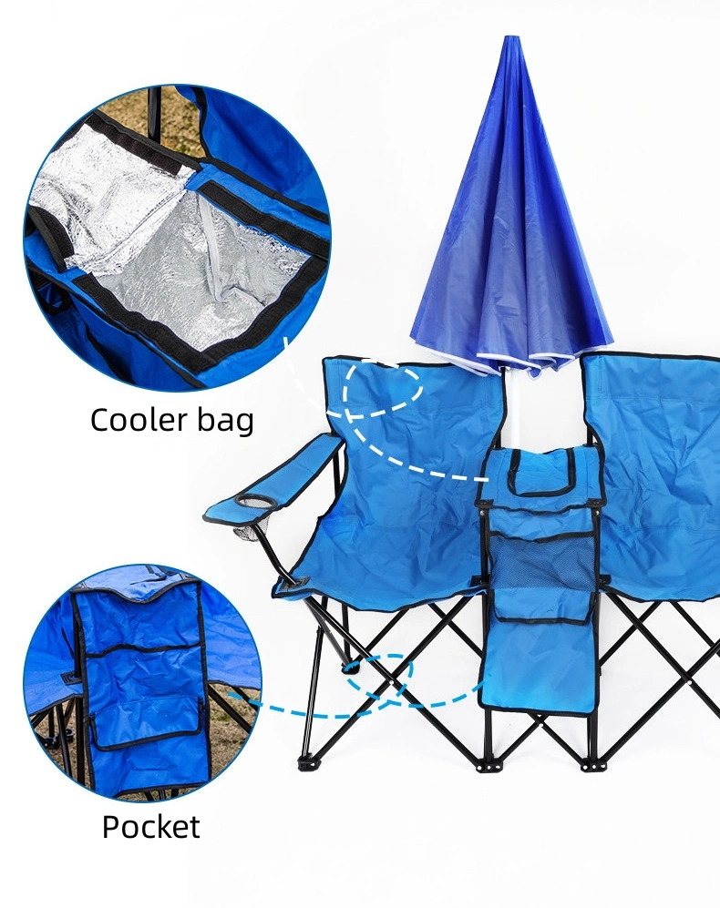 Tragbarer faltbarer Doppel Camping Strandstuhl mit Schirm und Tisch Kühltasche