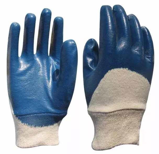 Safetree Heavy Duty Knitted Wrist Blue Nitrile Coated Jersey Cotton Liner Gloves Nitrile 3/4 Dipped Gloves PPE Safety Gloves