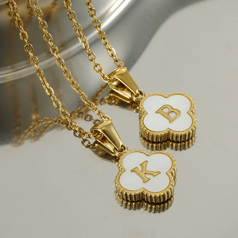 Fashion Gold Plated Stainless Steel Shell Inlay Four Clover Letter Alphabet Initial Charms Pendant Necklace Jewelry for Women