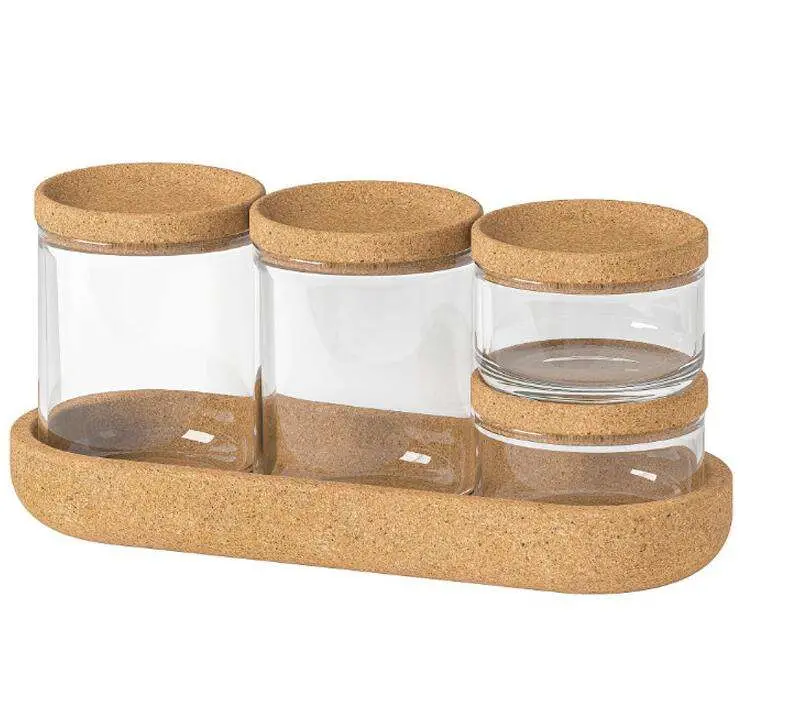 Glass Jar Set on Bamboo Tray and Natural Cork Lids Cork Tray