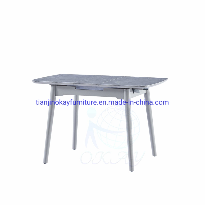 Table de salle à manger moderne minimaliste rectangulaire extensible en pierre frittée Avec dossier de table en marbre gris clair cadre en bois de frêne massif