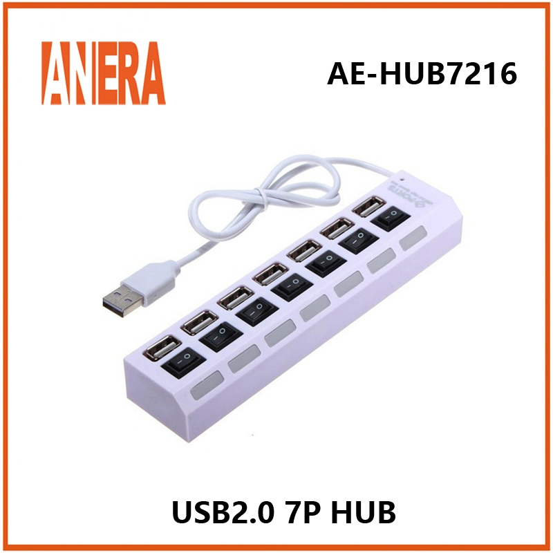 Anera Hub USB 2.0 à 7 ports mince et léger avec interrupteur individuel et câble de 45 cm, idéal pour ordinateur portable et PC.