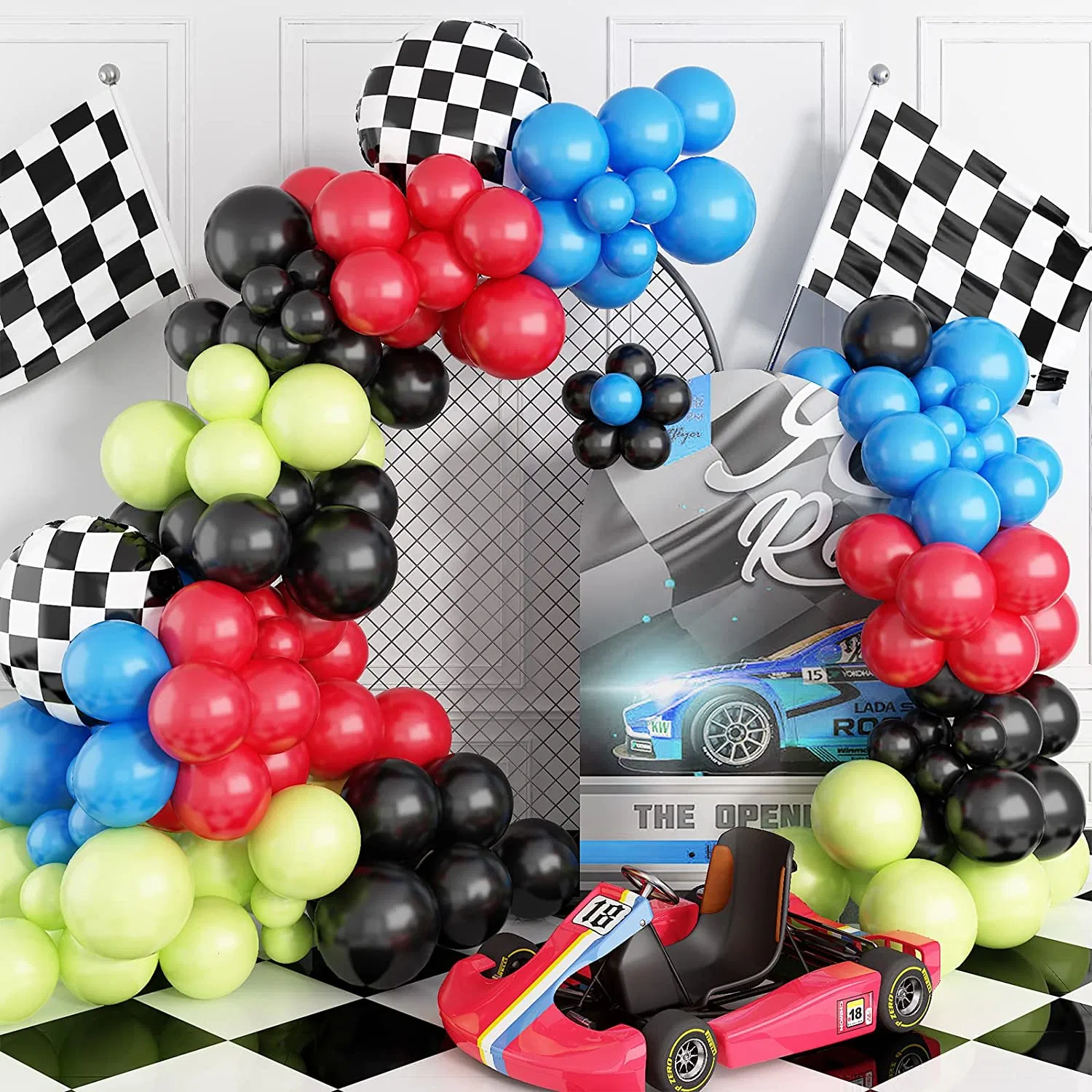 Guirnalda Globos de coche de carreras Juegos de arco, con azul amarillo rojizo globos globos de látex para niños Cumpleaños Baby Shower Boda decoraciones suministros