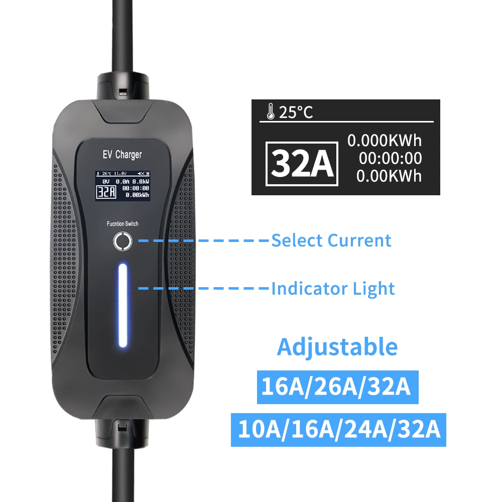 3.5kw Type2 IEC Electric Car with T2 Adjustable Current Pilot Lamp Olcd Charging Pile EV Fast Portable Charger