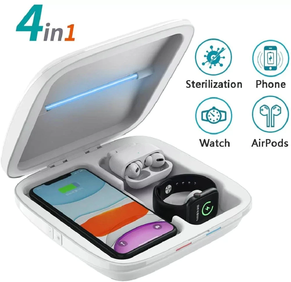 Multifunctional 4 in 1 UV Sterilizer Box with Wireless Charging for Apple Watch Earphones Mobile Phone