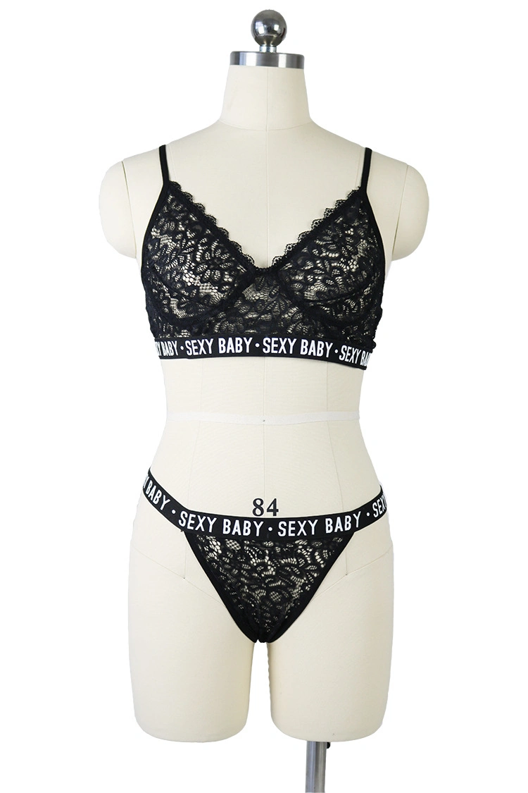 Sexy Letter Print Transparent Push up Bra and Panty Set