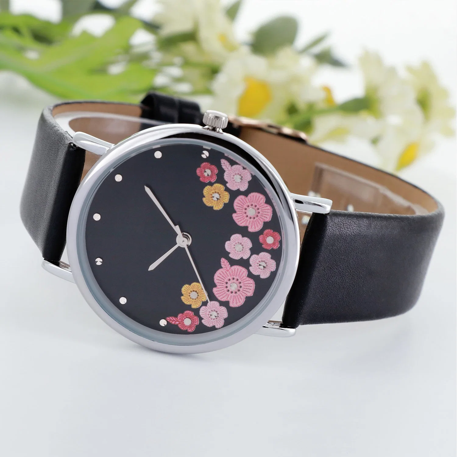 Colorful Flower Dial Women Watch with Leather Strap