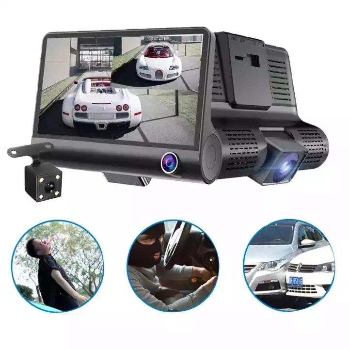 4 Inch IPS 3 Channels Dash Cam HD Night Vision 1080P Dashcam Front Rear and Inside 3 Cameras Car DVR 3 Lens Car Dash Camera