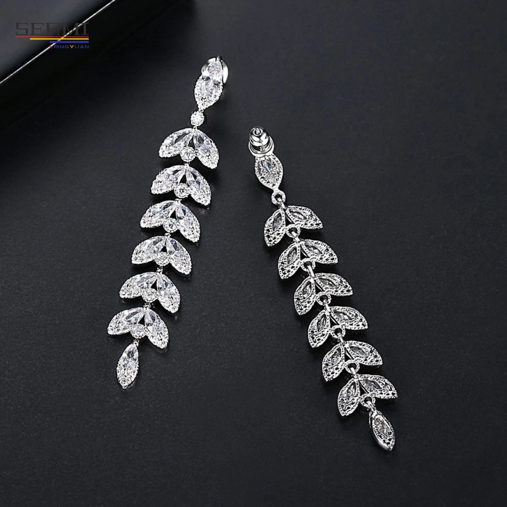 Factory Wholesale/Supplier AAA Zircon Long Leaf Brass Earrings