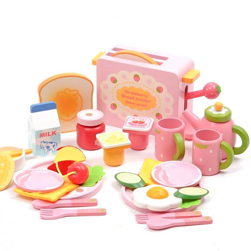 Wooden Kids Role Play Wooden Kitchen Toy Play Set Food Bread Maker with Tea Set Toys