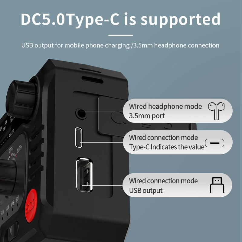 Emergency Weather Radio Portable Mobile Power with Solar Charging, Hand Crank and Battery Power, Sos Alarm and LED Flashlight