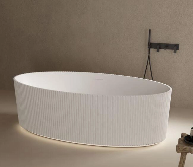 Ortonbath Oval Oliver Shape Irregular Shape Large Adult Bathroom Tub Acrylic Solid Surface Bathtub Freestanding Deep Soaking Bathtub with Center Drain Overflow