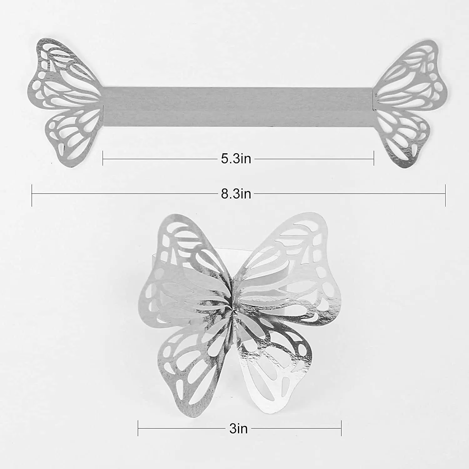 100PCS Silver Butterfly Napkin Rings Set of 3D Laser Cut Plastic Napkin Ring Buckles Holder Table Decoration for Wedding, Party, Christmas, Thanksgiving