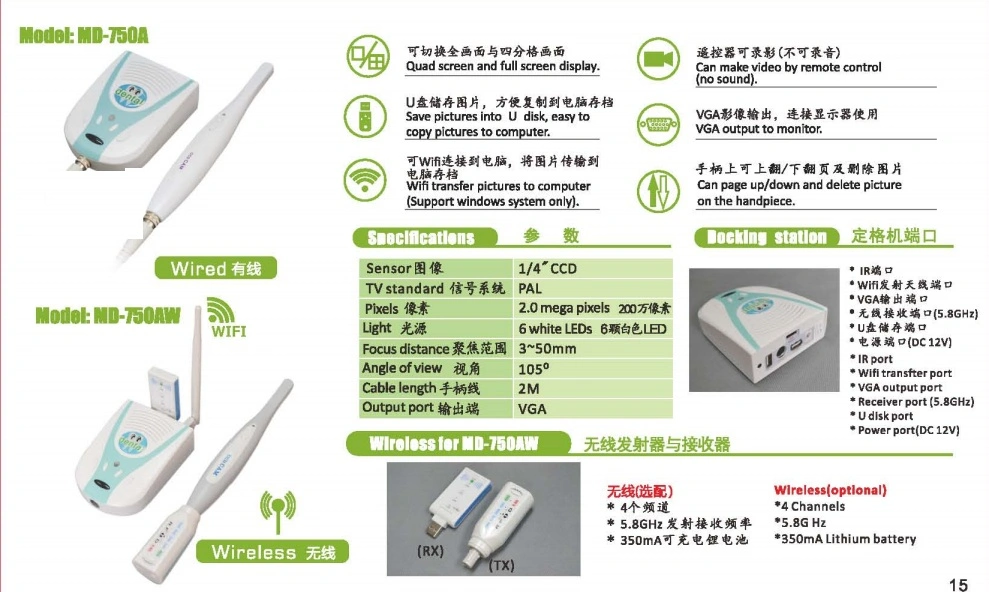 Sony CCD Sensor Wireless Intraoral Camera with WiFi & VGA Port